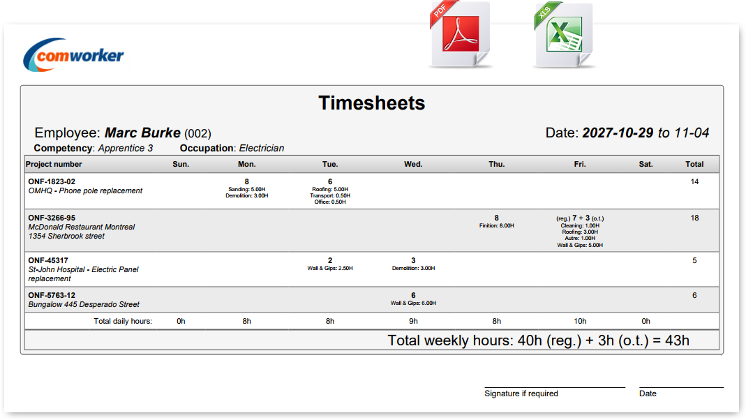 Preview of a Comworker timesheet