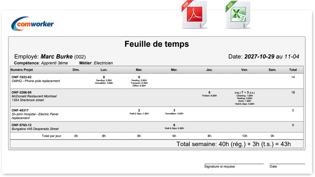 Aperçu d'une feuille de temps Comworker