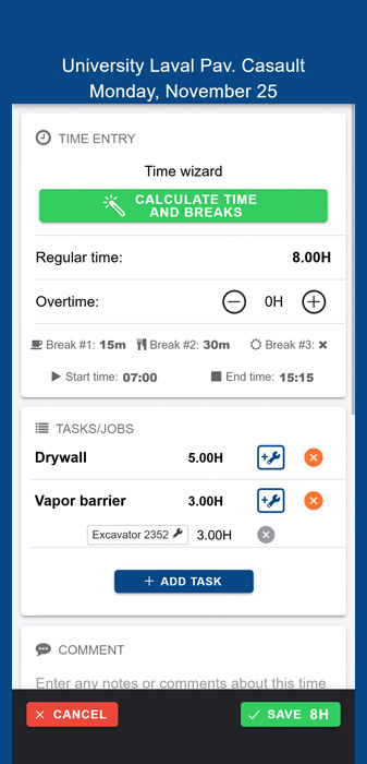 Time entry by activity