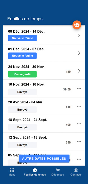 Liste des feuilles de temps
