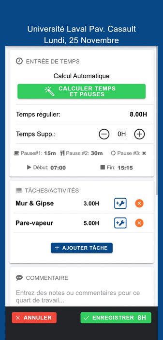 Entrée de temps par activité